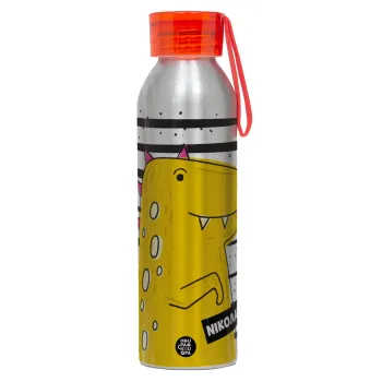 t-rex , Αλουμινένιο Αθλητικό Μπουκάλι 650ml – Ασημί με Κόκκινο Καπάκι και Λουράκι Σιλικόνης