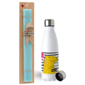 t-rex , Easter Set, metallic stainless steel water bottle (750ml) & aromatic flat Easter candle (30cm) (TURQUOISE)