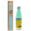 Easter Set, Metallic green/white thermos (Stainless steel), double-walled, 500ml & scented flat Easter candle (30cm) (TURQUOISE)