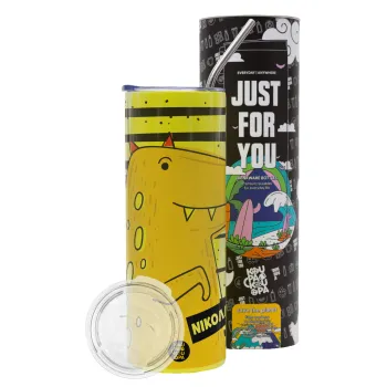 t-rex , Neon Yellow Travel Tumbler θερμό, μεταλλικό καλαμάκι(Ανωξείδωτο 304 Food grade, BPA free, 600ml)