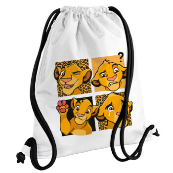 Simba, lion king, Τσάντα πλάτης πουγκί GYMBAG λευκή, με τσέπη (40x48cm) & χονδρά κορδόνια