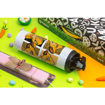 Simba, lion king, Πασχαλινή Λαμπάδα με Travel Tumbler θερμό με διπλό καπάκι (600ml, BPA free) & κερί αρωματικό πλακέ (30cm) (ΡΟΖ)