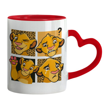 Simba, lion king, Κούπα καρδιά χερούλι κόκκινη, κεραμική, 330ml