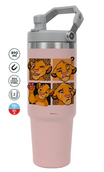 Σίμπα λιοντάρι — ΡΟΖ Travel Tumbler Θερμός με χερούλι και καλαμάκι 890ml
