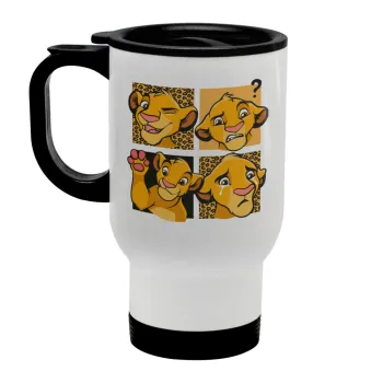 Simba, lion king, Κούπα ταξιδιού ανοξείδωτη με καπάκι, διπλού τοιχώματος (θερμό) λευκή 450ml
