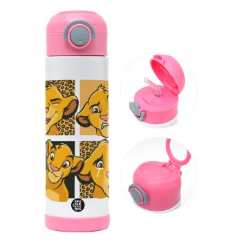 Simba, lion king, Παιδικό παγούρι θερμό, ανοξείδωτο, με καλαμάκι ασφαλείας, ΡΟΖ (500ml)