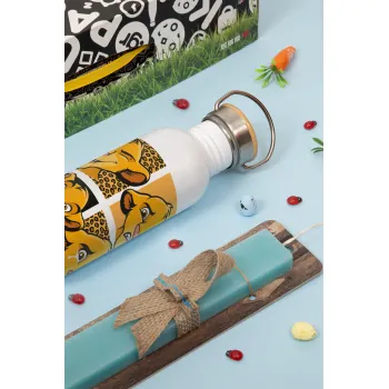 Simba, lion king, Πασχαλινή Λαμπάδα με παγούρι μεταλλικό (620ml, stainless steel) & κερί αρωματικό πλακέ (30cm) (ΤΙΡΚΟΥΑΖ)