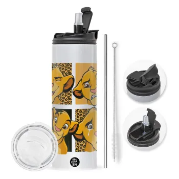Simba, lion king, Travel Tumbler θερμό με διπλό καπάκι, μεταλλικό καλαμάκι και βούρτσα καθαρισμού (Ανωξείδωτο 304 Food grade, BPA free, 600ml)