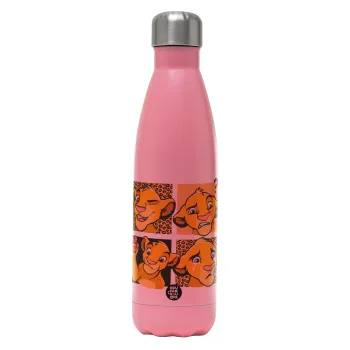 Simba, lion king, Μεταλλικό παγούρι θερμός Ροζ Ματ (Stainless steel), διπλού τοιχώματος, 500ml