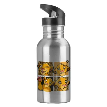 Simba, lion king, Water bottle Silver with straw, stainless steel 600ml