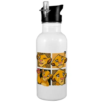 Simba, lion king, White water bottle with straw, stainless steel 600ml