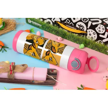 Simba, lion king, Πασχαλινή Λαμπάδα με Παιδικό παγούρι θερμό, ανοξείδωτο, με καλαμάκι ασφαλείας, ΡΟΖ (500ml)