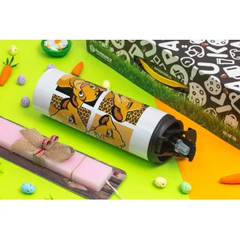 Simba, lion king, Πασχαλινή Λαμπάδα με Travel Tumbler θερμό με διπλό καπάκι (600ml, BPA free) & κερί αρωματικό πλακέ (30cm) (ΡΟΖ)