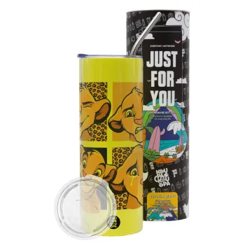 Simba, lion king, Neon Yellow Travel Tumbler θερμό, μεταλλικό καλαμάκι(Ανωξείδωτο 304 Food grade, BPA free, 600ml)