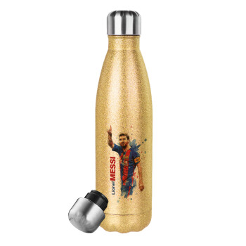 Lionel Messi, Μεταλλικό παγούρι θερμός Glitter χρυσό (Stainless steel), διπλού τοιχώματος, 500ml