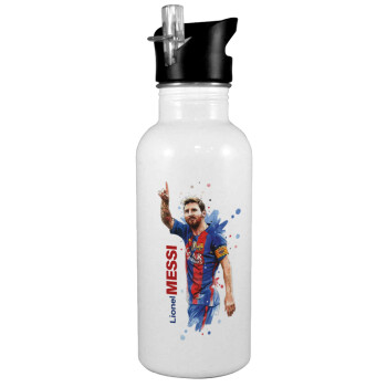 Lionel Messi, White water bottle with straw, stainless steel 600ml