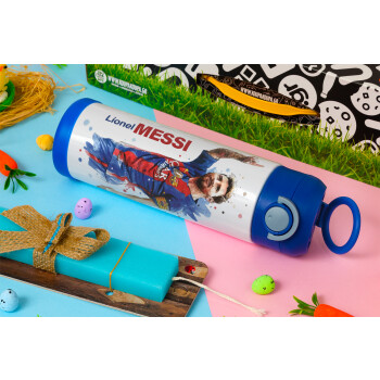 Λιονέλ Μέσι, Πασχαλινή Λαμπάδα με Παιδικό παγούρι θερμό, ανοξείδωτο, με καλαμάκι ασφαλείας, ΜΠΛΕ (500ml)