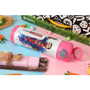 Lionel Messi, Easter candle, Childrens hot water bottle, stainless steel, with safety straw, PINK (500ml)