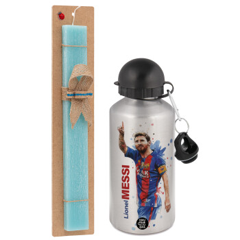 Lionel Messi, Easter Set, metallic silver aluminum water bottle (500ml) & scented flat Easter candle (30cm) (TURQUOISE)