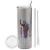 Tumbler stainless steel Silver 600ml, with metal straw & cleaning brush