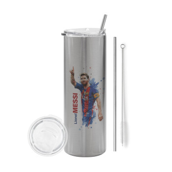 Lionel Messi, Tumbler stainless steel Silver 600ml, with metal straw & cleaning brush