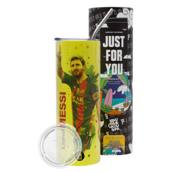 Λιονέλ Μέσι, Neon Yellow Travel Tumbler θερμό, μεταλλικό καλαμάκι(Ανωξείδωτο 304 Food grade, BPA free, 600ml)