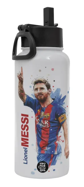 Lionel Messi — Metal mug thermo White with Straw and Spout Lid (Stainless steel), double wall, 950ml