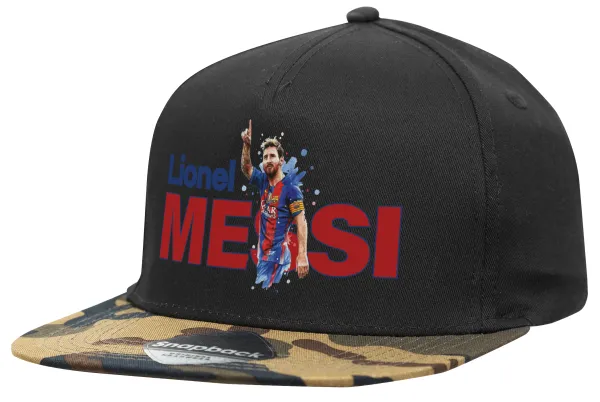 Lionel Messi — Adult Flat Snapback Hat Black/Camouflage, (100% COTTON TWILL, ADULT, UNISEX, ONE SIZE)