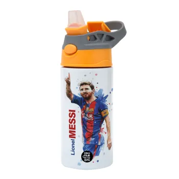 Lionel Messi, Children's hot water bottle, stainless steel, with safety straw, Orange/Grey (360ml) BPA-FREE