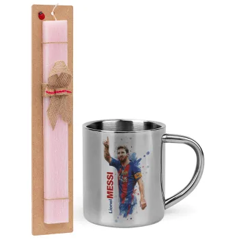 Lionel Messi, Easter Set, metallic thermal cup (300ml) & aromatic flat Easter candle (30cm) (PINK)