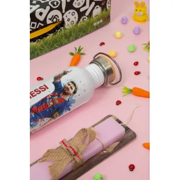 Λιονέλ Μέσι, Πασχαλινή Λαμπάδα με παγούρι μεταλλικό (620ml, stainless steel) & κερί αρωματικό πλακέ (30cm) (ΡΟΖ)