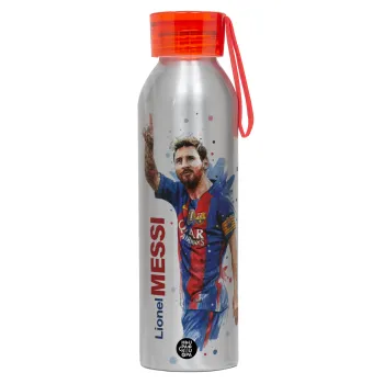 Λιονέλ Μέσι, Αλουμινένιο Αθλητικό Μπουκάλι 650ml – Ασημί με Κόκκινο Καπάκι και Λουράκι Σιλικόνης