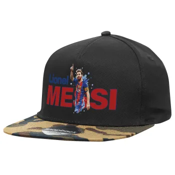 Lionel Messi, Adult Flat Snapback Hat Black/Camouflage, (100% COTTON TWILL, ADULT, UNISEX, ONE SIZE)