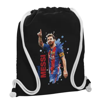 Λιονέλ Μέσι, Τσάντα πλάτης πουγκί GYMBAG Μαύρη, με τσέπη (40x48cm) & χονδρά λευκά κορδόνια