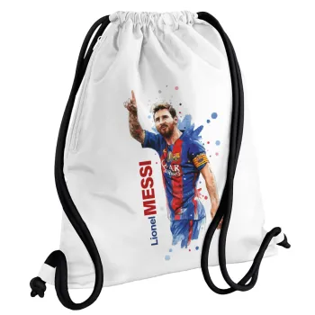 Λιονέλ Μέσι, Τσάντα πλάτης πουγκί GYMBAG λευκή, με τσέπη (40x48cm) & χονδρά κορδόνια