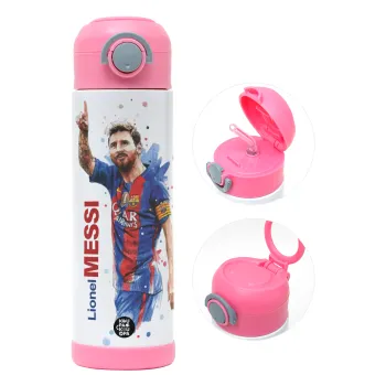 Λιονέλ Μέσι, Παιδικό παγούρι θερμό, ανοξείδωτο, με καλαμάκι ασφαλείας, ΡΟΖ (500ml)