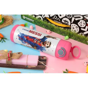 Lionel Messi, Easter candle, Childrens hot water bottle, stainless steel, with safety straw, PINK (500ml)