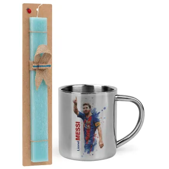 Lionel Messi, Easter Set, metallic thermal cup (300ml) & aromatic flat Easter candle (30cm) (TURQUOISE)