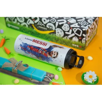 Lionel Messi, Easter candle,Travel Tumbler 2 Lids, with metal straw & cleaning brush & aromatic flat candle (30cm) (BLUE)