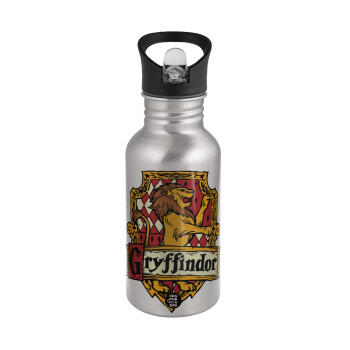 Gryffindor, Harry potter, Water bottle Silver with straw, stainless steel 500ml