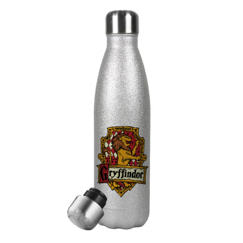 Gryffindor, Harry potter, Μεταλλικό παγούρι θερμός Glitter Aσημένιο (Stainless steel), διπλού τοιχώματος, 500ml