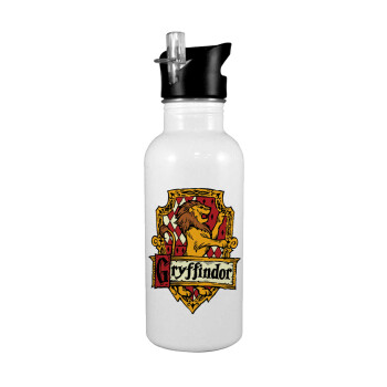 Gryffindor, Harry potter, White water bottle with straw, stainless steel 600ml