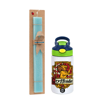 Gryffindor, Harry potter, Easter Set, Children's thermal stainless steel bottle with safety straw, green/blue (350ml) & aromatic flat Easter candle (30cm) (TURQUOISE)