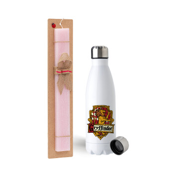 Gryffindor, Harry potter, Easter Set, metallic stainless steel water bottle (750ml) & scented flat Easter candle (30cm) (PINK)