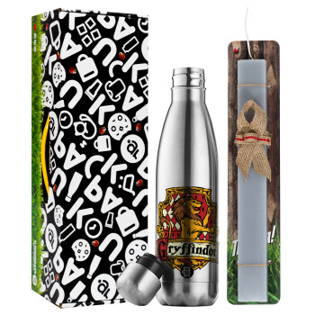 Gryffindor, Harry potter, Easter Set, metallic stainless thermos flask (500ml) & scented flat Easter candle (30cm) (GRAY)