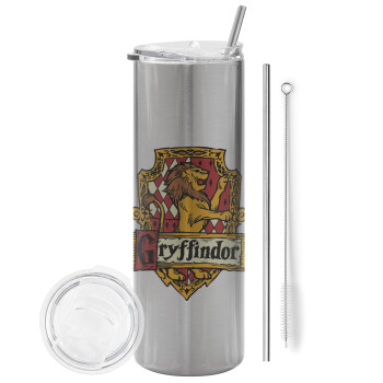 Gryffindor, Harry potter, Eco friendly ποτήρι θερμό Ασημένιο (tumbler) από ανοξείδωτο ατσάλι 600ml, με μεταλλικό καλαμάκι & βούρτσα καθαρισμού