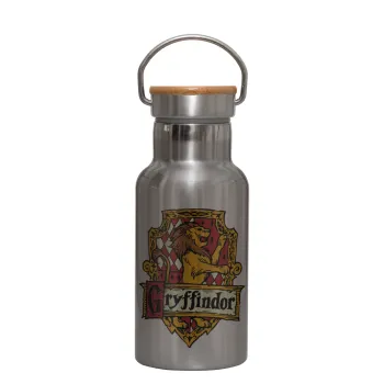 Gryffindor, Harry potter, Stainless steel metallic thermos flask, silver with a bamboo lid, double-walled, 350ml.