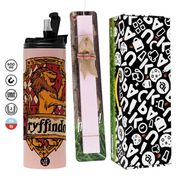 Gryffindor, Harry potter, Πασχαλινή Λαμπάδα με  ΡΟΖ Travel Tumbler θερμό (600ml, BPA free) & κερί αρωματικό πλακέ (30cm) (ΡΟΖ)
