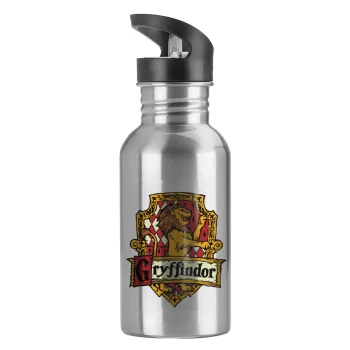 Gryffindor, Harry potter, Water bottle Silver with straw, stainless steel 600ml