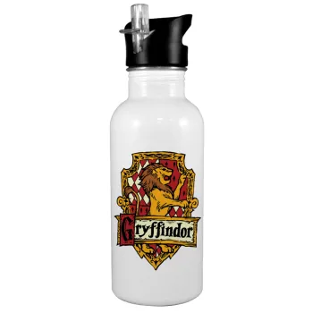 Gryffindor, Harry potter, White water bottle with straw, stainless steel 600ml